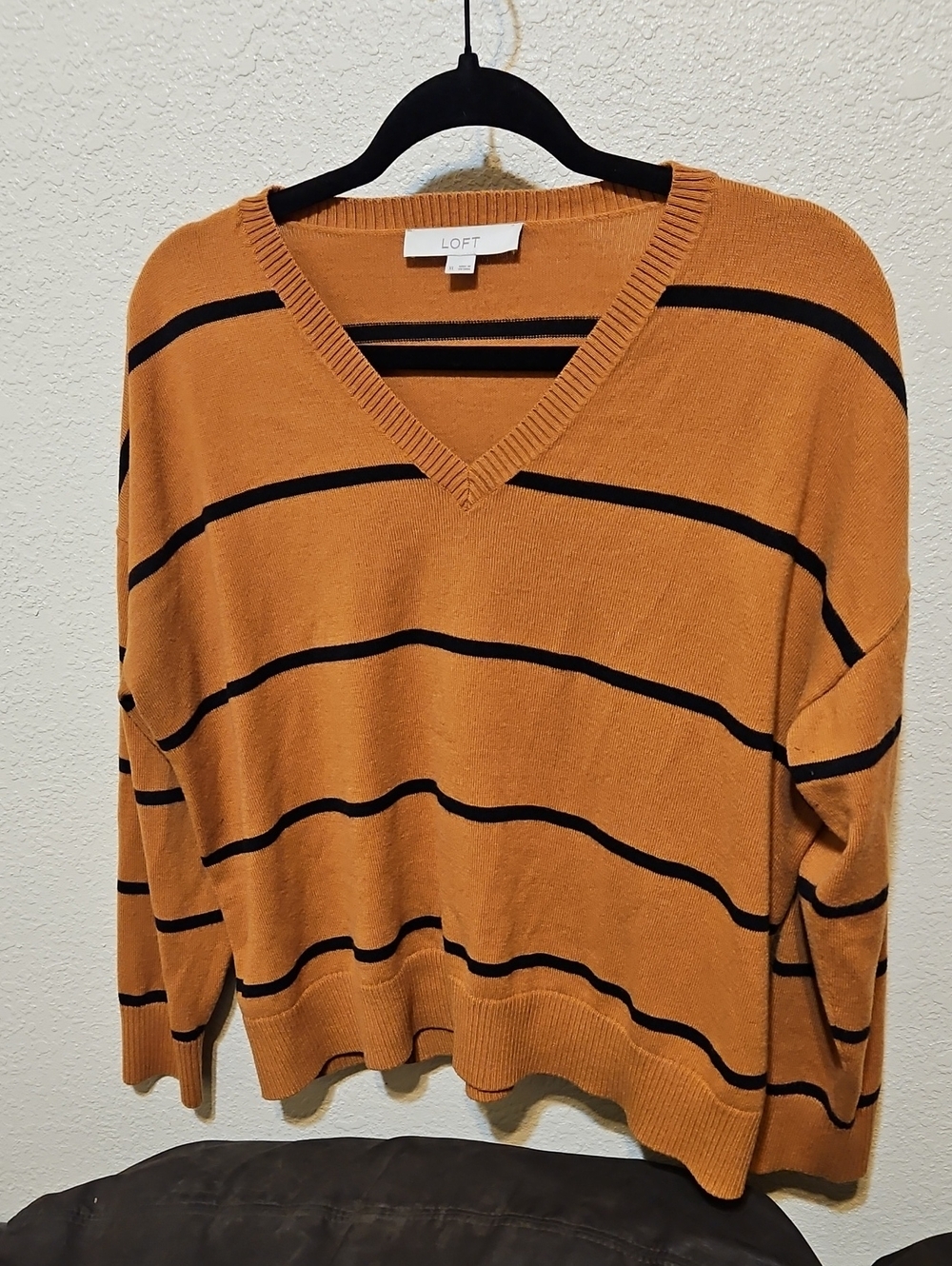 LOFT V-Neck Striped Sweater in Mustard and Black